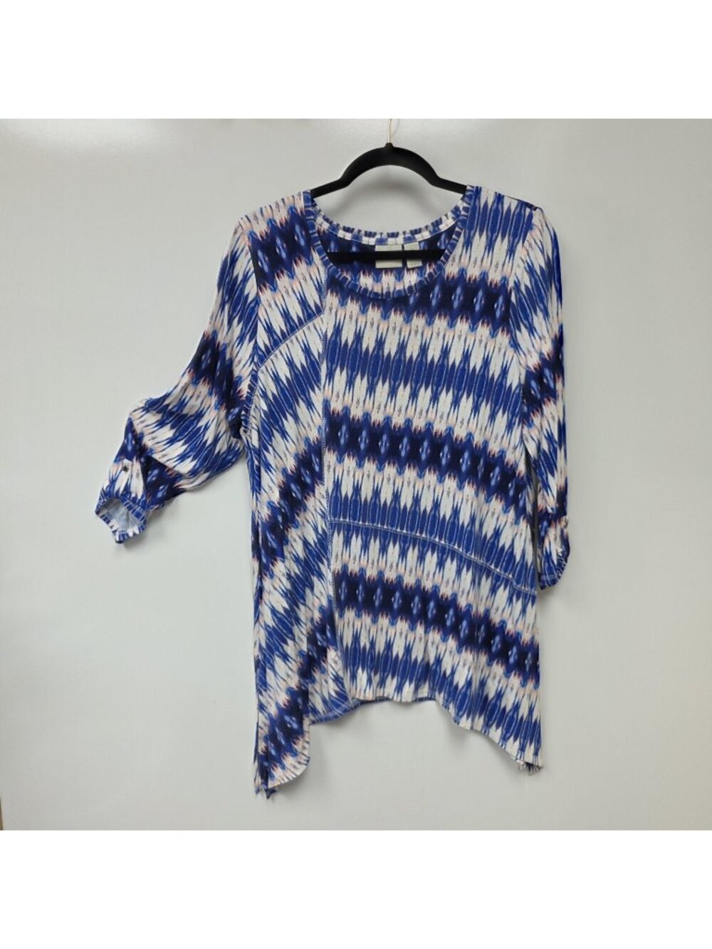 Chico's Shirt Womens 2 Blue Geometric Scoop Neck 3/4 Roll Tab Tunic Top